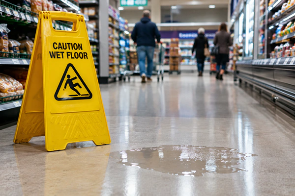 wet floor sign in an accrington supermarket