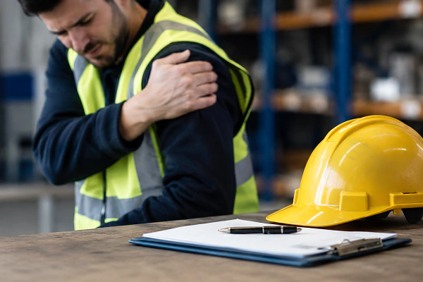 Worker with a shoulder injury wearing a high-visibility vest in a warehouse.